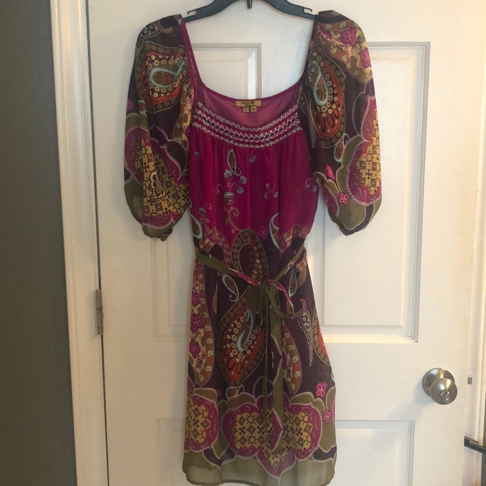 Paisley fuchsia dress belt smock neck medium